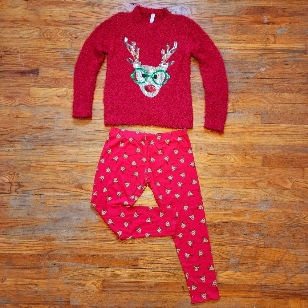 No Bounderies Nobo Red Fuzzy Christmas Sweater Matching Leggings Reindeer EUC